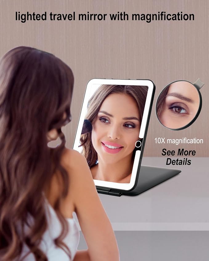 Rechargeable Travel Makeup Mirror with Lights, Portable Lighted Vanity 10X Magnification, 70 LEDs 3 Color Dimmable Touch Screen, Tabletop Folding Compact Cosmetic (ShiningBlack)