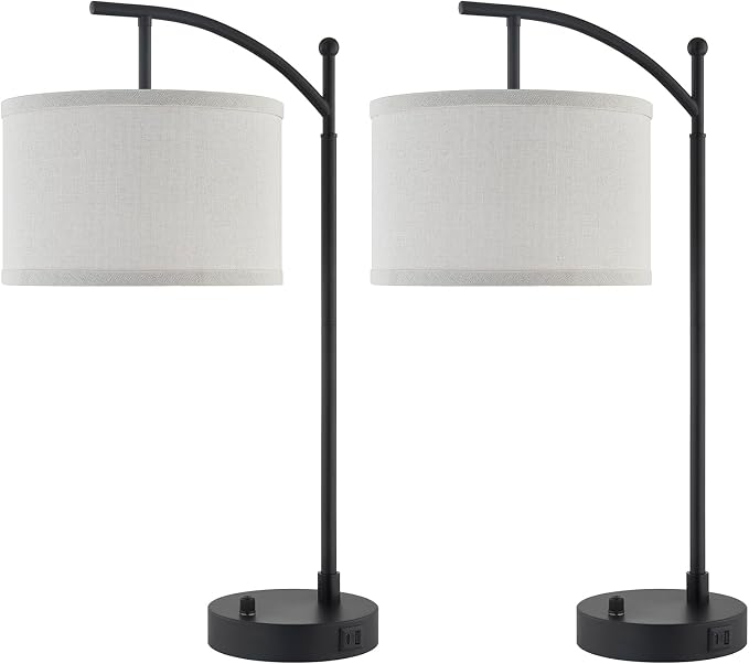 Table Lamp for Living Room Bedroom, 23.5" Table Lamps Set of 2 with USB C+A Ports, Bedside Lamps for Nightstand with Linen Lamp Shades, 2 Dimmable LED Bulbs Included, Black