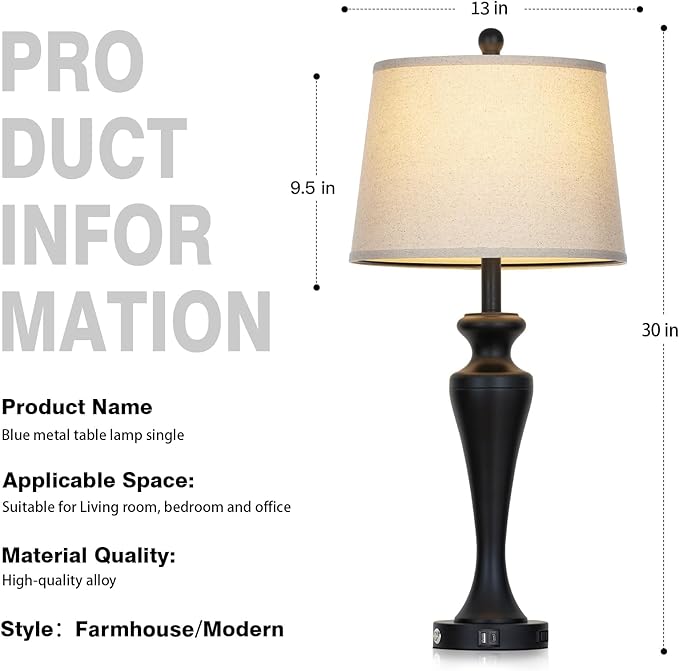 30" Black Table Lamps Set of 2, Touch Control Tall Living Room Lamp with USB A+C Ports and AC Outlet, 3-Way Dimmable Bedside Lamps for Nightstand, Modern Metal Bedroom Lamp, 2 Bulbs Included