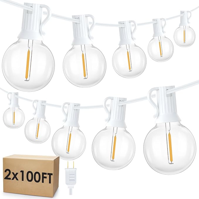 200Ft(2x100Ft) LED Outdoor String Lights, Dimmable G40 Globe Patio Lights with 100+5 2700K Waterproof Bulbs for Balcony-White Cord 2 Pack