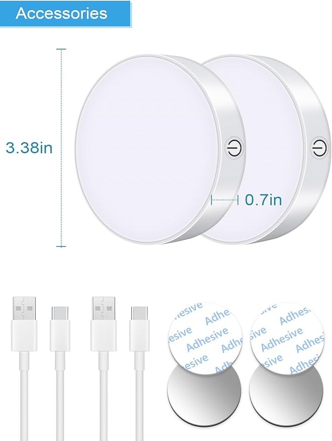 WILLED 3000K Dimmable Touch Lights, Battery Rechargeable Tap Lights, Magnet Stick on Closet Light, Portable LED Puck Night Lights for Cabinet, Wardrobe, Counter, Kitchen, Bedroom (2 Pack)