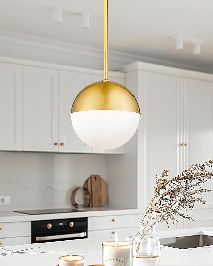 Modern Pendant Lighting Gold Globe Pendant Light Fixture, Mid Century Chandelier One Light Hanging Fixture for Kitchen Island, Adjustable Indoor Lighting for Dinning Room Bedroom, LMS-187