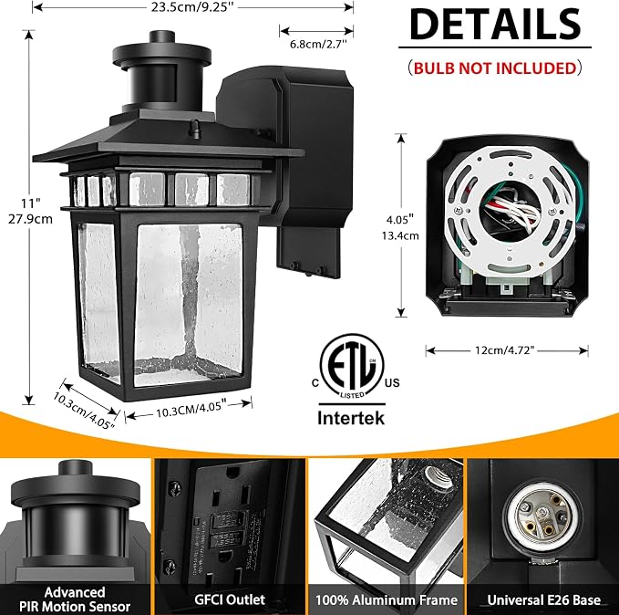 Porch Lights with GFCI Outlet, Black Dusk to Dawn Motion Sensor Outdoor Light, 3-Mode Wall Exterior Lighting Fixture, Waterproof Outside Lights Sconce for House Front Door Patio Garage