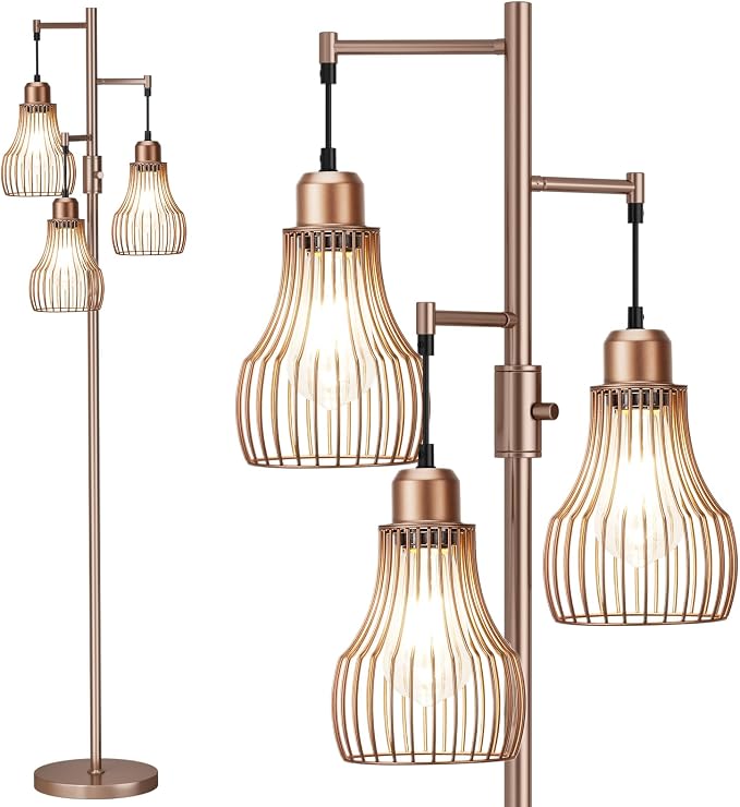 Ziisee Dimmable Floor Lamps for Living Room, Industrial Tree Standing Tall Lamps with 3 Elegant Cage Shade & 800 Lumens LED Bulbs for Bedroom Office - Brown