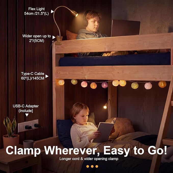 1 Pcs LED Clip on Reading Light for Bed Headboard, 3 Color Dimmable Stepless Book Light with Flexible Gooseneck Clamp Desk Lamp for Reading with USB for Bedroom, Dorms, Office, Studio (Gold)