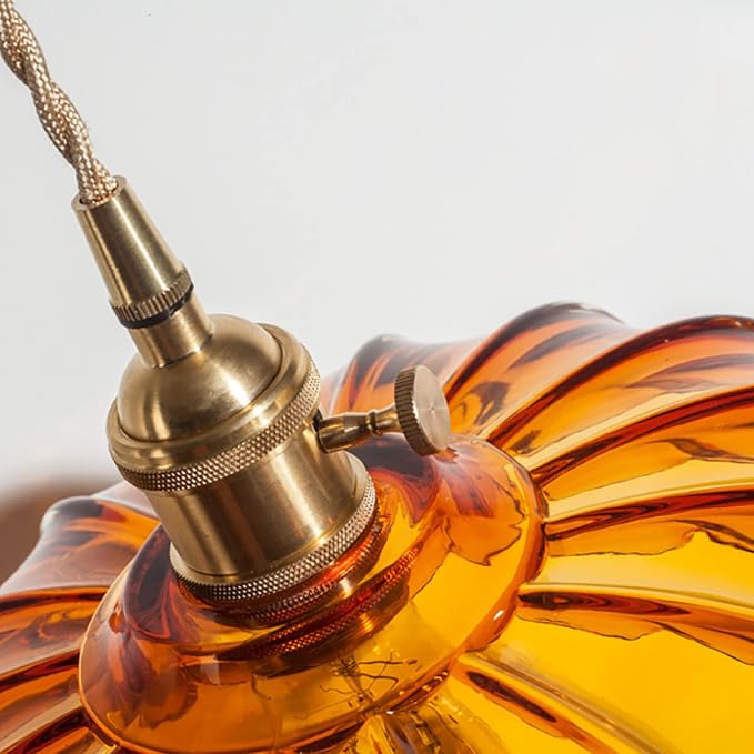 Amber Glass Pendant Light Fixtures Medium 9.8 Inches Lampshade Gold Brass Finish and Switch Vintage Pendant Ceiling Lamp Copper Pendant Lighting (Amber)
