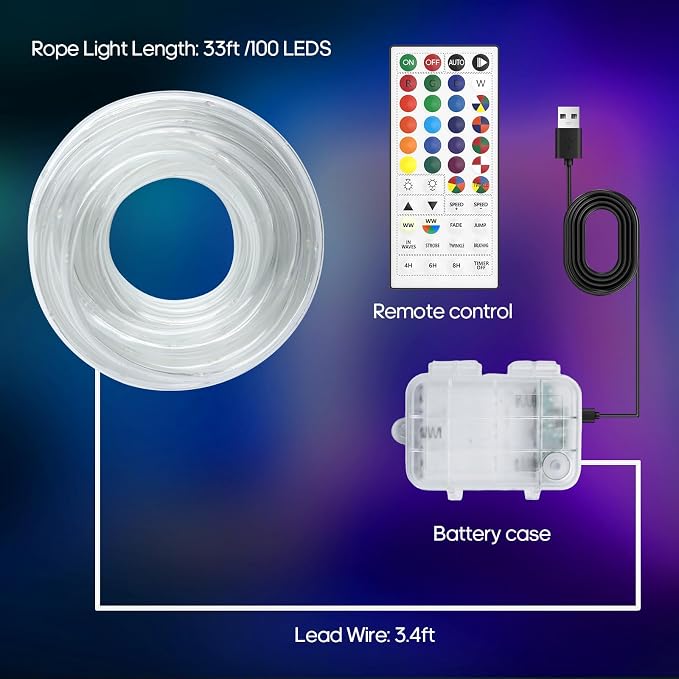 Rope Lights for Outside 39FT 100 LED RGB Battery Operated String Lights | 24 Colors RGB, Color Changing, Waterproof, Remote, String Light Outdoor for Christmas Halloween Party Holiday Wedding Decor