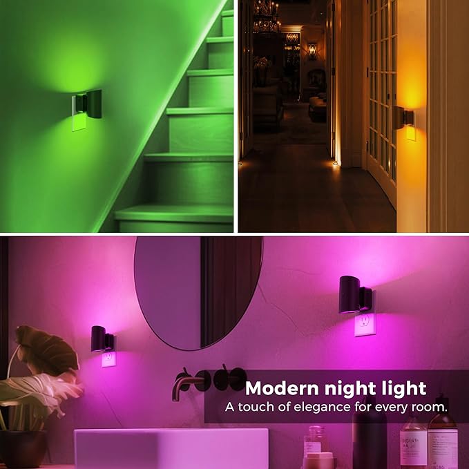 L LOHAS LED Night Light, 2 Pack,10-Color Changing Night Light for Kids,180° Rotatable Plug RGB Nightlight, LED Plug in Wall Light with Dusk to Dawn Sensor for Bathroom Decor, Children Room, Gift