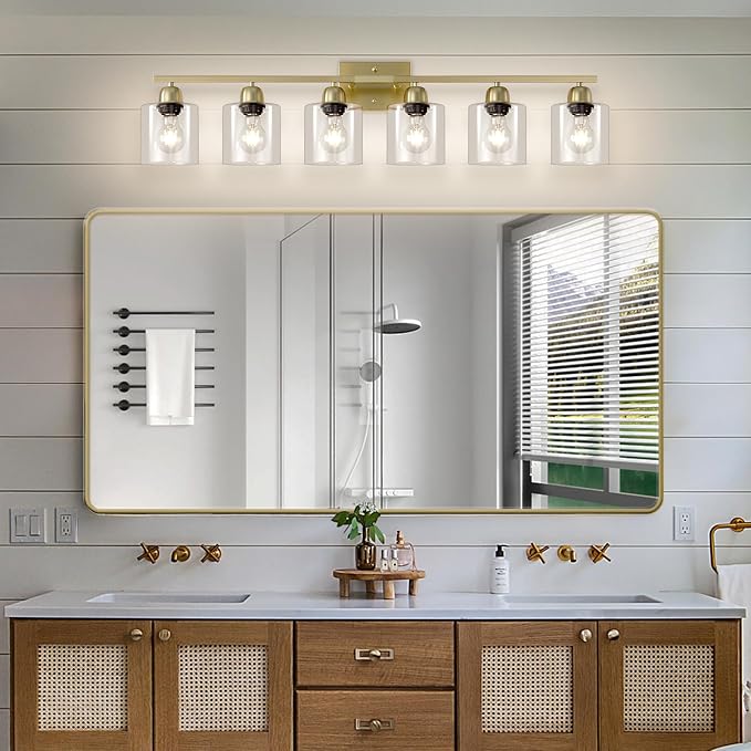 Modern Brushed Gold 6 Light Bathroom Light Fixtures,38 inch Vanity Lights for Bathroom with Clear Glass, Vanity Light for Mirror Kitchen Living Room Hallway Cabinet Porch