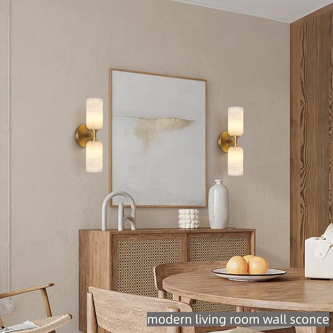 Alabaster Wall Sconces, 14" Modern Spanish Natural Marble Vanity Light, Dimmable Hardwired Brass Gold Wall Sconce Lighting for Bathroom Mirror, Bedroom, Living Room, Luxury Stone Wall Fixtures (1 Pcs)