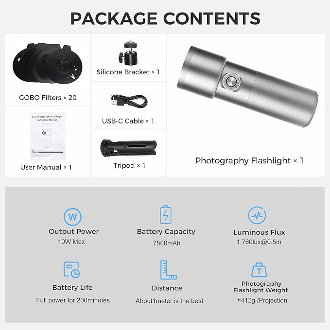 4 Color RGB Photography Flashlight - with 20 GOBO Filters & Tripod, 7500mAh Rechargeable Handheld Photography Light for Weddings, YouTube, TikTok Videos, Portrait Photography, Content Creation
