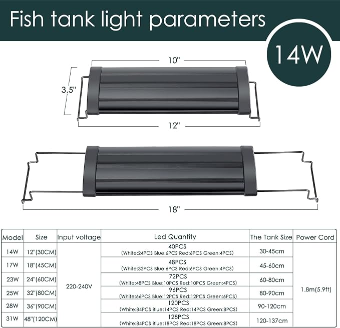 AQQA Aquarium Light,Full Spectrum LED Fish Tank Lights | 12"-54" Adjustable Multi-Color White Blue Red Green LEDs with Extendable Brackets,14W-31W for Freshwater Plants 14W (12"-18")