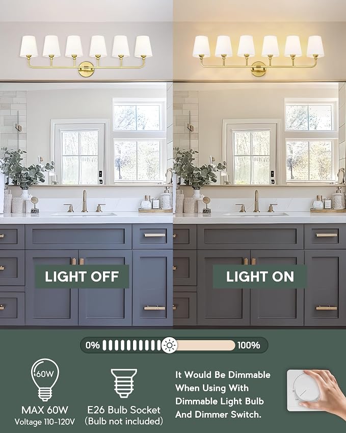 6-Light Brushed Gold Bathroom Vanity Light, White Fabric Shades | Ideal for 48-64" mirrors, 42" bathroom light fixtures over mirror, upward only, E26 base, bulbs not included, VL837-BG-6