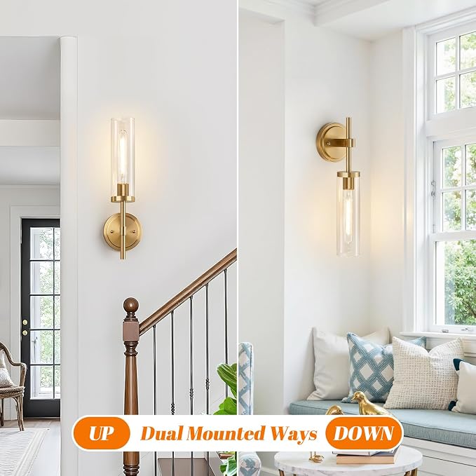MOKATNG Hardwired Wall Sconces, Brushed Gold Bathroom Sconces with Clear Glass, Modern Wall Light Fixtures for Bathroom Mirror Vanity, Living Room, Bedroom, Hallway, Stairway, Cabinet, Foyer