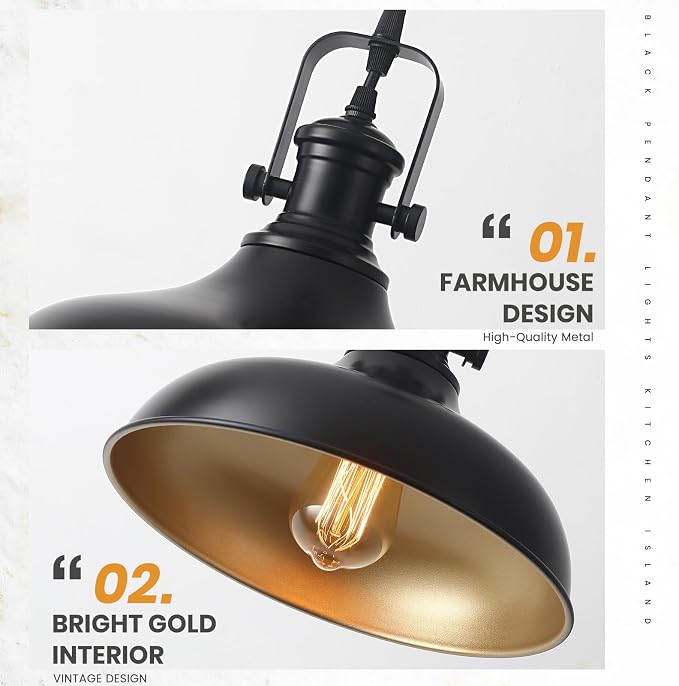 Black Farmhouse Pendant Lights Kitchen Island, 11.41" Kitchen Pendant Lighting, Vintage Industrial Pendant Light,Island Lights for Kitchen Dining Room Bedroom, 1 Pack
