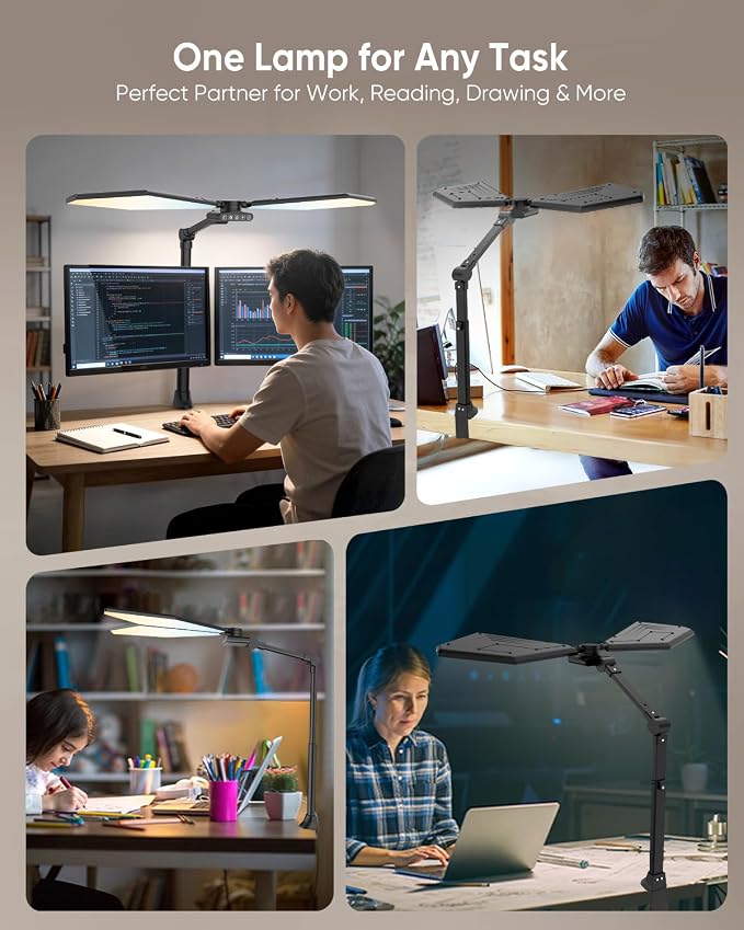 36W LED Desk Lamp with Clamp, Dual-Head Architect Lamp with Remote, Black | Ultra Bright 448-LED 3600LM Office Lamp, 2700K-6500K, Stepless Dimming, 60-Inch Desk Light for Workbenches and Home Offices