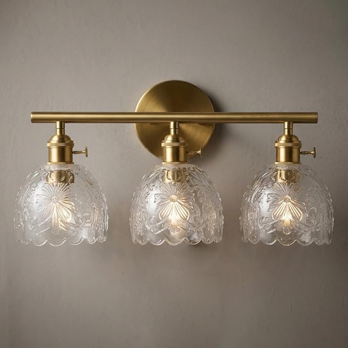 Hamilyeah 3-Light Bathroom Vanity Light Fixture, Brushed Brass Gold Wall Light with Clear Embossed Floral Glass Shades, Vintage Glass Vanity Lighting for Mirror, Powder Room, Bedroom, Hallway, Modern