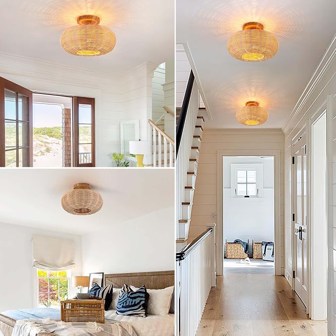 Rattan Ceiling Light Fixtures,Boho Chandelier Small Flush Mount Ceiling Light,12'' Handwoven Ceiling Lamps,Wooden Rattan Lampshade,Rustic Boho Ceiling Light for Bedroom,Hallway,Nursery,Farmhouse