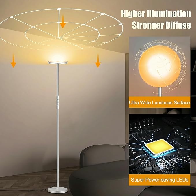 mukuxin Floor Lamp, Upgraded 40W 4000LM Super Bright Torchiere LED Floor Lamps for Living Room, Stepless Dimmable Color Temperature 2700K-6500K with Remote & Touch Control, Standing Light (Silver)