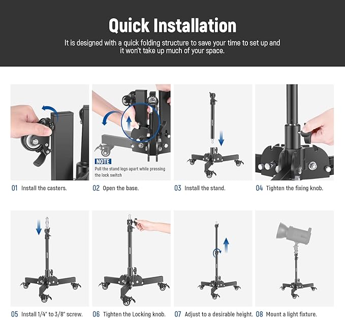 NEEWER Heavy Duty Light Stand with Casters, 2.4ft Max Height Foldable Tripod Stand for Low-Angle/Tabletop Shooting, Photography Light Stand for Softbox, Monolight and Other Photographic Equipment