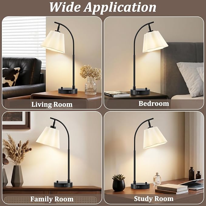 Table Lamps Set of 2, Stepless Dimmable Bedside Lamps with USB A&C Ports | Fabric Shade, Multi-Angle Rotatable Head, Lamps for Nightstand, Side Table, Dorm, Bedroom, Home Office, Elegant Home Decor
