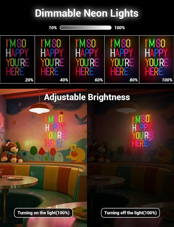 I'm So Happy You're Here Neon Sign, Welcom LED LED Neon Light Sign for Classroom & Kids Room, Positive Affirmation Wall Decor for Home, Cafe & Business, Colorful Letter Neon Sign (You're Here)