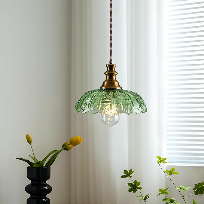 1-Light Pendant Light with Brass Gold Metal Green Glass Shade and Adjustable Cord Industrial Ceiling Hanging Light for Kitchen Island Bar Dining Room Bedroom Foyer Hallway Farmhouse