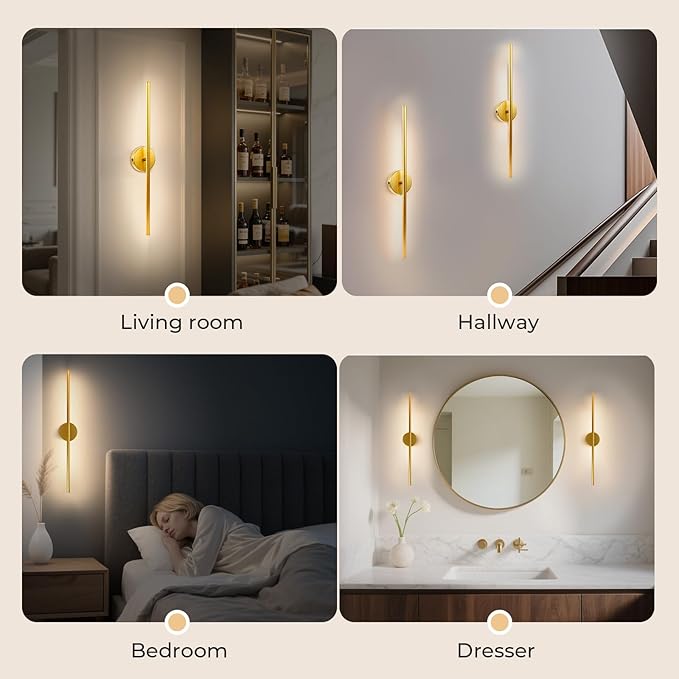 Battery Operated Wall Sconces Set of 2, 10000mAh Wireless Rechargeable Wall Lights Dimmable Detachable Wall Lamp with Remote Control, 3000K-6500K Dimmable Wall Sconce 28.3 Inch Gold