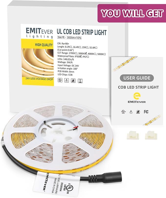 EMITEVER COB LED Strip Lights Warm White 3000K,UL 24V,25ft 3600LEDs | Ra 90+,IP30,3W/ft,305+Lumens/ft,5 Year Warranty(Power Supply Sold Separately)for bedroom,living room,kitchen