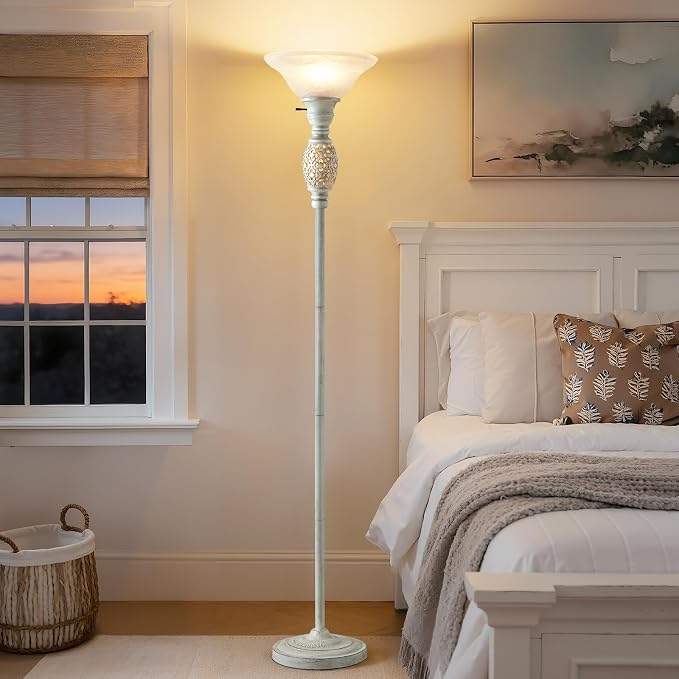 70" Torchiere Floor Lamp with NightLight, Etched Glass Shade, Bulb Included | Floor Lamps for Living Room, Bedroom, Office - vintage floor lamp with Rotary Switch , Home Decor, Bulb Included