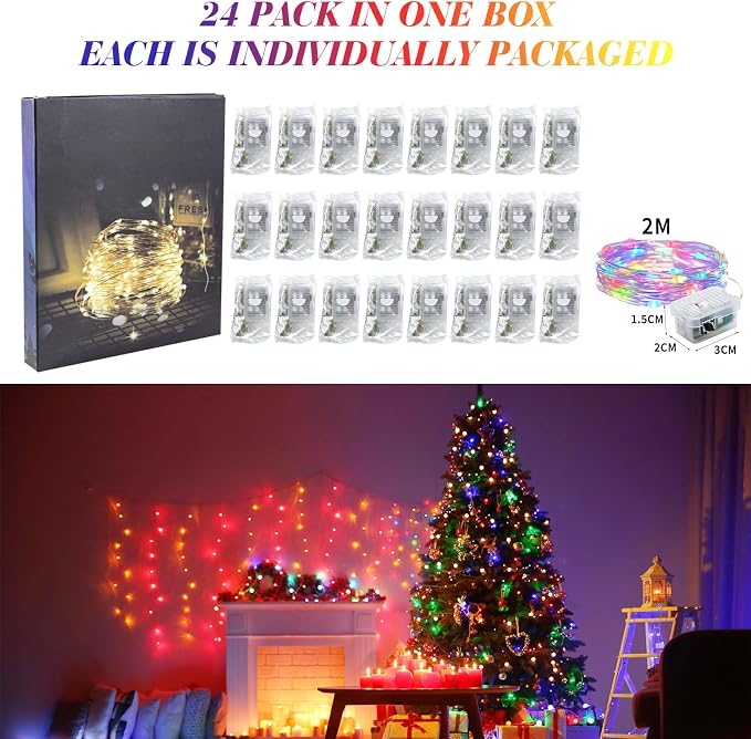 ZGWJ 24 Pack Multicolor Fairy Lights, Mini String Lights | Battery Operated 7 FT 20 LED Waterproof 3 Modes for DIY, Parties, Wedding, Halloween, Christmas Decoration