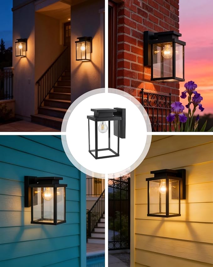 11" Die-Cast Aluminum & Clear Glass Outdoor Wall Lantern for Front Door, Patio and Porch Light E26 Base 60W Compatible Sconce, IP65 Waterproof Wet Location Rated, ETL, UL, CSA Qualified, Black