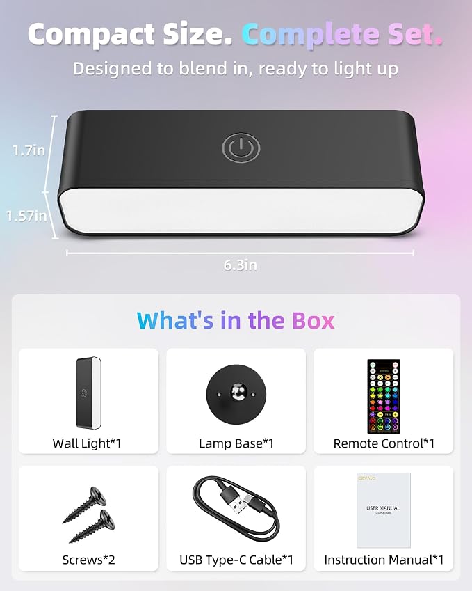 EZVALO Battery Operated Wall Sconce, Rechargeable Magnetic Wall Light with Remote, RGB Mood Lighting & 3 White Tones, Dimmable Wall Lamp for Bedroom, Gaming Room, Apartment Decor