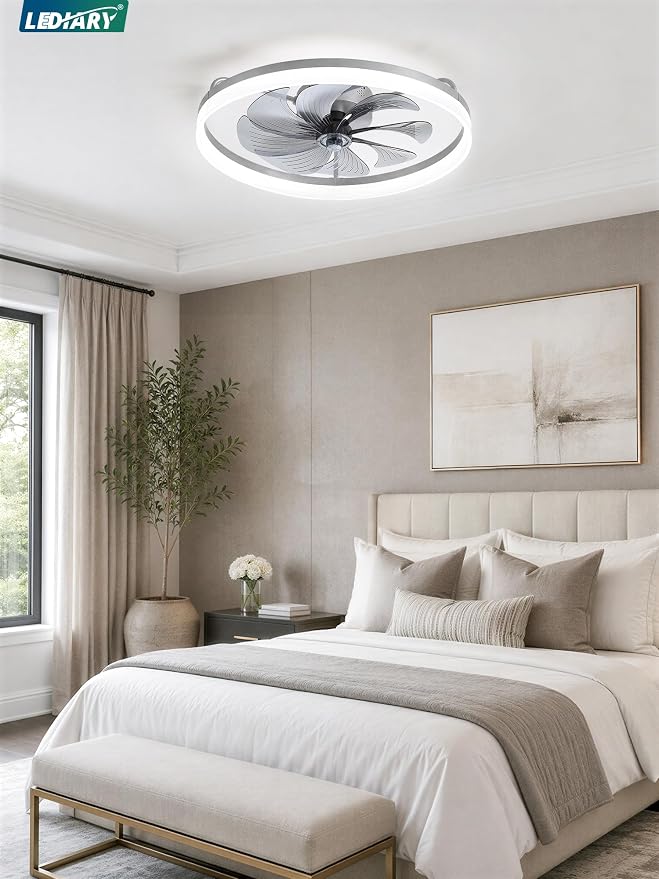 LEDIARY 23" Low Profile Ceiling Fans with Lights, APP & Remote, Grey | Flush Mount, Dimmable LED, Quiet DC Motor, Reversible, 6 Speeds, Fandelier, for Bedroom
