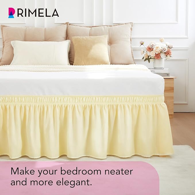 RIMELA Twin Bed Skirt Beige Yellow 12 Inch Drop,Wrap Around Elastic Bed Skirts Twin Size Dust Ruffle,Bedskirt for Adjustable Bed Base Solid Wrinkle and Fade Resistant Silky Fabric Machine Washable