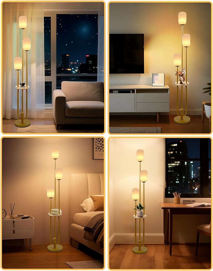 Lightdot Dimmable Floor Lamp with Shelf Modern Gold Tall Floor Lamps with Oval Striped Lampshade for Wedding/Party 3000K Bulb Included 3-Lights Standing Lamp for Living Room/Sofa Beside/Corner Decor