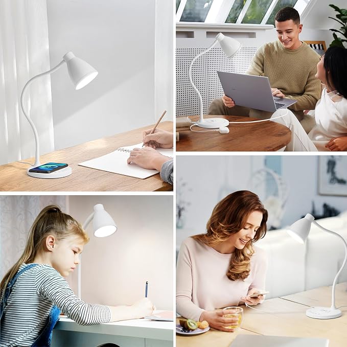 BOHON LED Desk Lamp for Home Office with USB C Charging Wireless Charger | 5 Colors, Stepless Dimming Desk Light Timer Reading Light Touch Bedside Table Lamp for College Dorm Room