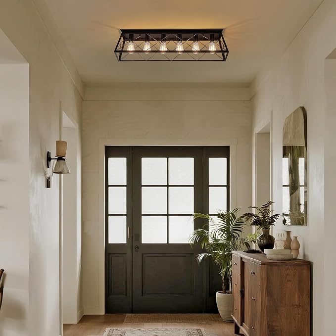 38" Large Flush Mount Ceiling Light for Kitchen Hallway Fixtures | Vintage Industrial Kitchen Ceiling Light Fixtures with X-Shaped Metal Cage, 6-Light Black Large Flush Ceiling Lighting