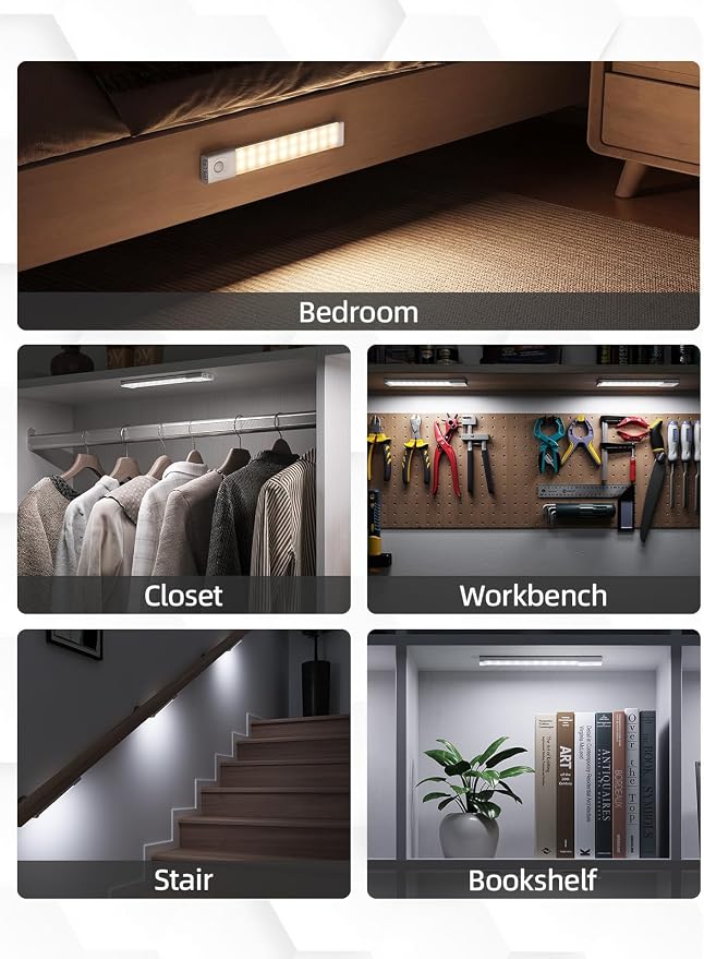 EZVALO Under Cabinet Lighting with Charging Station, 8 inch Motion Sensor Light Indoor, 1100mAh Rechargeable LED Light, 3 Color Temperatures, Dimmable Counter Lights for Kitchen, Closet, Stair (3Pack)