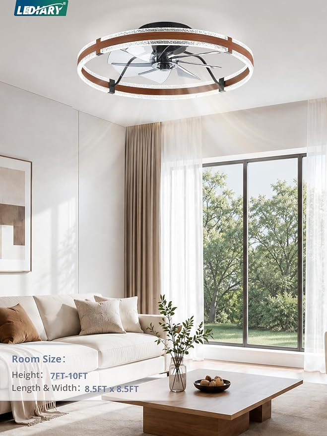 LEDIARY 24'' Modern Low Profile Ceiling Fans with Lights and Remote, Walnut | 3000-6000K Dimmable LED, 6 Wind Speeds, Quiet Reversible DC Motor, Small Flush Mount Fandelier for Bedroom, Living Room