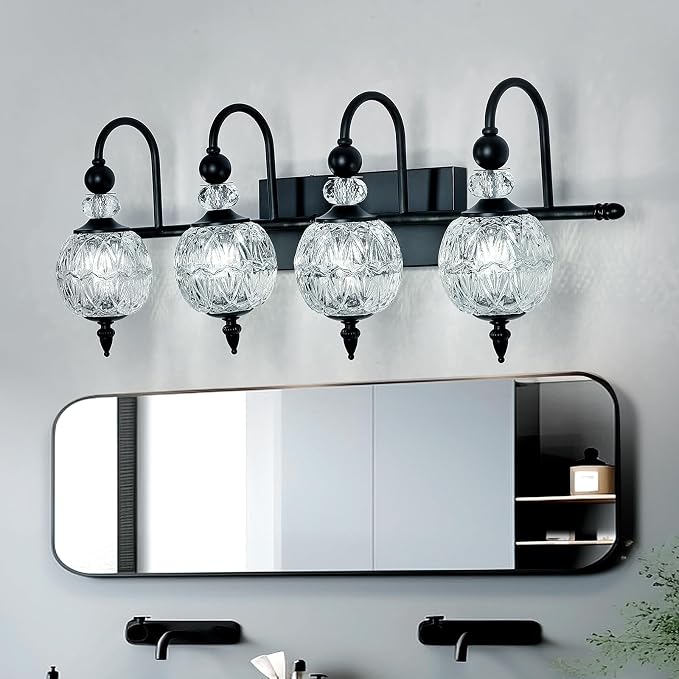 Piepooye Vintage Bathroom Light Fixtures Black Vanity Light with Glass Globe LampShade 4 Lights Mid Century G9 Bulb Wall Sconce Indoor Vanity Light Over Mirror for Kitchen Bedroom Farmhouse