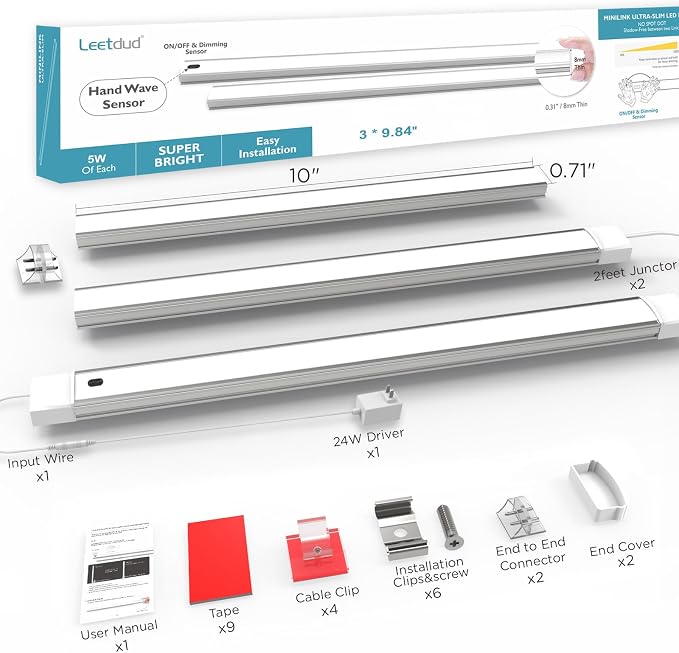 Hand Wave Under Cabinet LED Lighting Plug in, 10 Inch 3 Pcs Dimmable Linkable Ultra Thin Aluminum Alloy Housing, 4000K Natural White Motion Sensor Counter Lights for Kitchen, Shelf, Cupboard