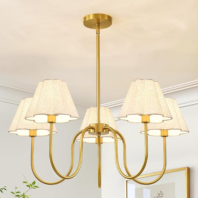RUIYEY Black Chandeliers for Dining Room - 28" 5-Lights Vintage Modern Mid-Century Chandelier with Flower Fabric Shades, Height Adjustable Pendant Lighting Over Table for Living Room Kitchen Island