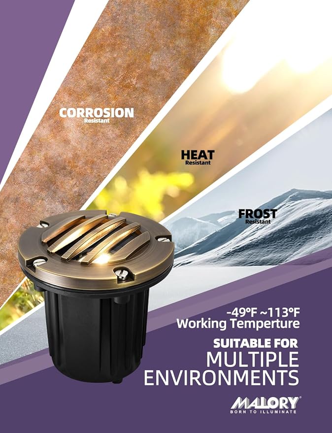 MALORY Low Voltage Landscape Well Lights, (φ126 mm) Brass Top Cover | 12V Outdoor In Ground Lights,Waterproof Uplight,Flat Top, 5W MR16 Bulb ,for Landscaping,Pathway, Driveway, Deck,Garden
