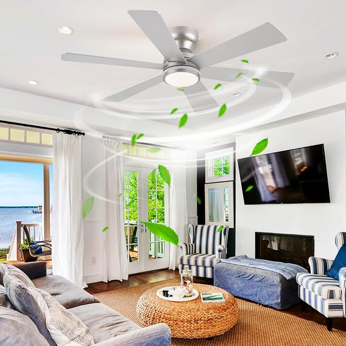 46" 6-Blade Silver Low Profile RGB Ceiling Fan with Light and Remote/APP | 11 RGB Modes,Reversible 6 Wind Speeds,Dimmable 3 CCT LED, 25W Quiet DC Motor,Timer,6 Double-Sided Blades,for Kidsroom Party