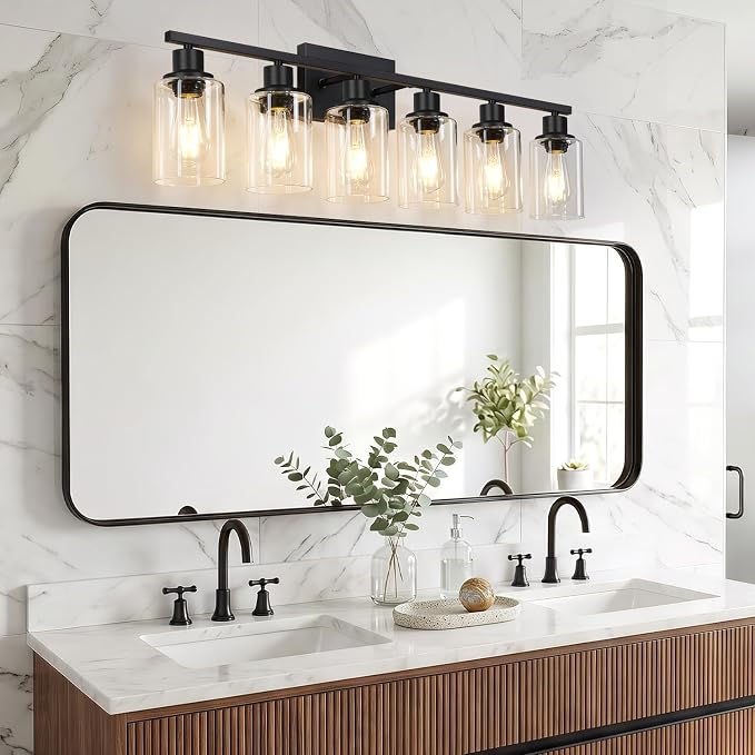 Indoi 6-Light Bathroom Light Fixtures, Matte Black Modern Vanity Lights with Clear Glass Shades, Bathroom Wall Lamp for Mirror Living Room Cabinet Bedroom Porch