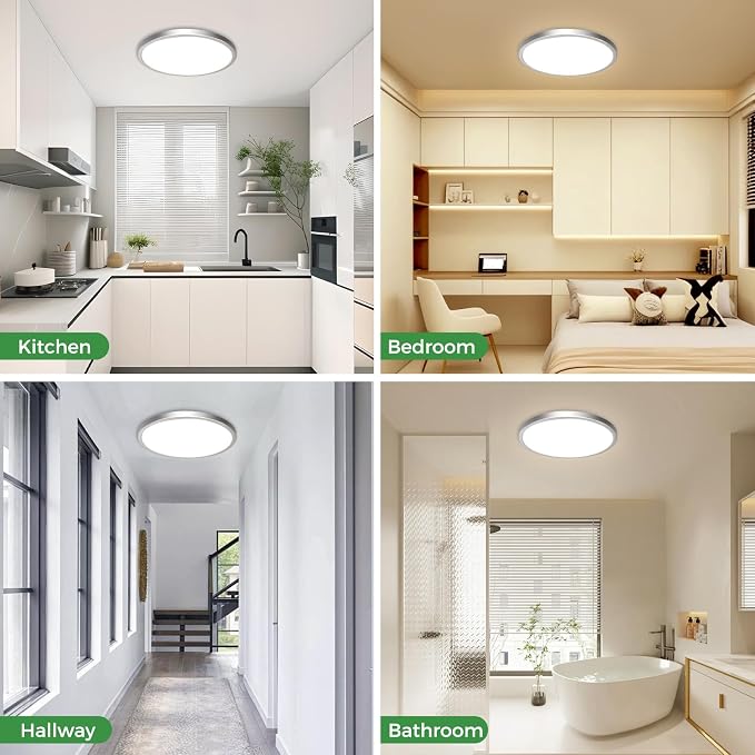 zemty 2Pack 15" LED Flush Mount Ceiling Light, 30W Dimmable, 5CCT (3000K–6500K) Brushed Nickel Round Fixture | Bright Low-Profile Lighting for Kitchen, Hallway, Bathroom, Living Room