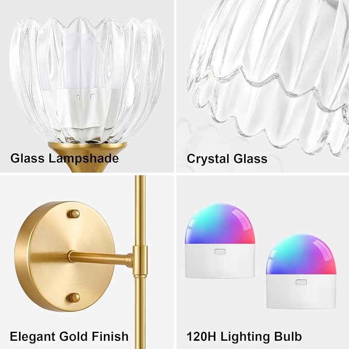 Vintage Battery Operated Wall Sconce Set of 2, Clear Tulip Glass Lampshade Wireless 5300 mAh Rechargeable Battery Powered LED Wall Light with Remote Dimmable for Bedroom Bathroom Living Room