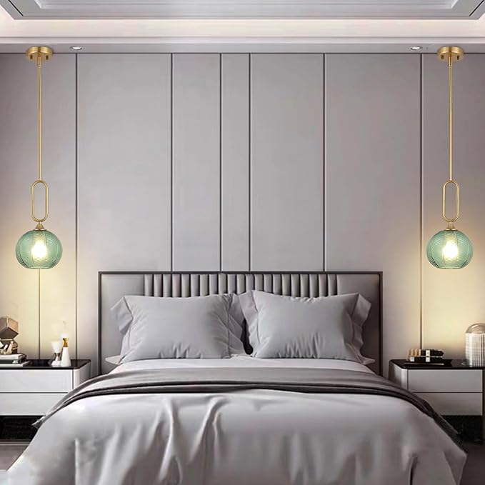 Green Glass Pendant Light Set of 2 Modern Globe Pendant Lighting Nordic Ribbed Gold Ceiling Hanging Chandelier with Brushed Brass Adjustable Rods Dining Room Kitchen Island Light Fixture