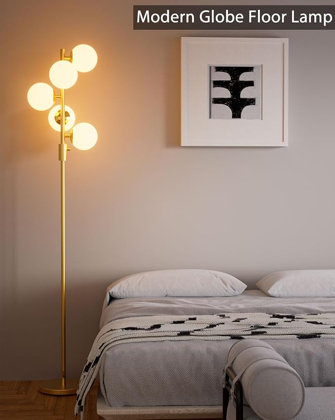 5 Light Modern Globe Floor Lamp Dimmable 64IN Tall Standing Lamps with 3000K Warm White Bulbs, Mid Century Gold Tree Floor Lamp for Living Room Bedroom Sofa Beside Home Decor